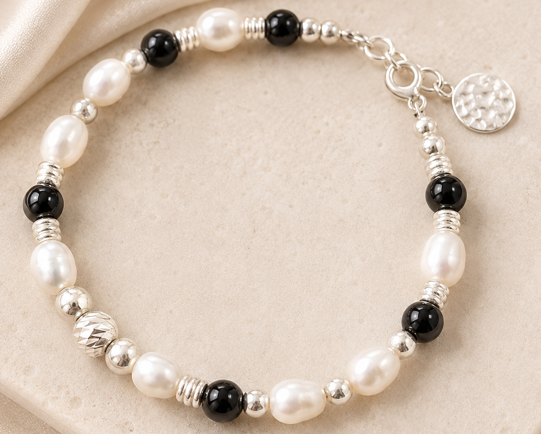 Onyx & Pearl Harmony Bracelet | 925 Sterling Silver