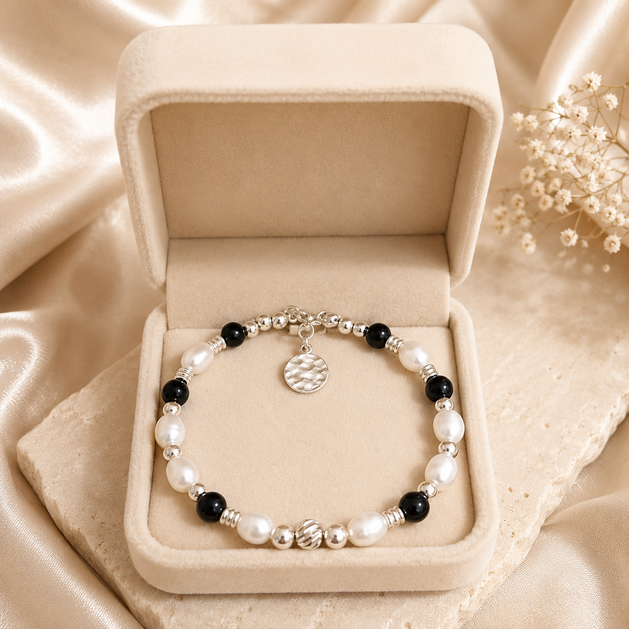 Onyx & Pearl Harmony Bracelet | 925 Sterling Silver